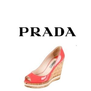 PRADA Coral Peep Toe Wedge Heels